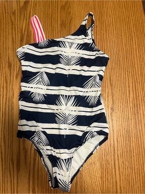 Floral Lands End One Piece Topical Swimsuit-  Girls Size 14- Blue and White